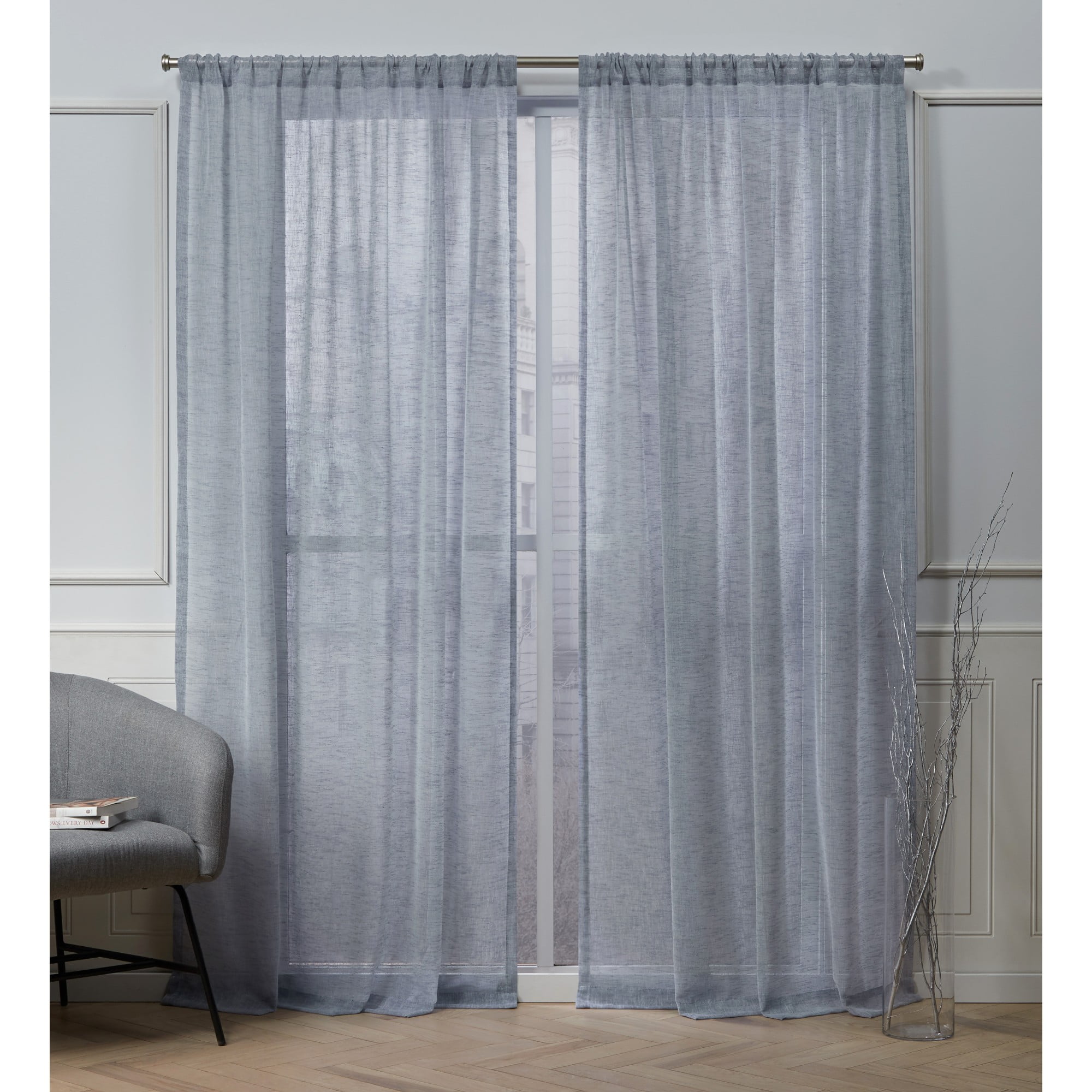 Nicole Miller Belfry Sheer Rod Pocket Top Curtain Panel Pair, 50x84, Denim
