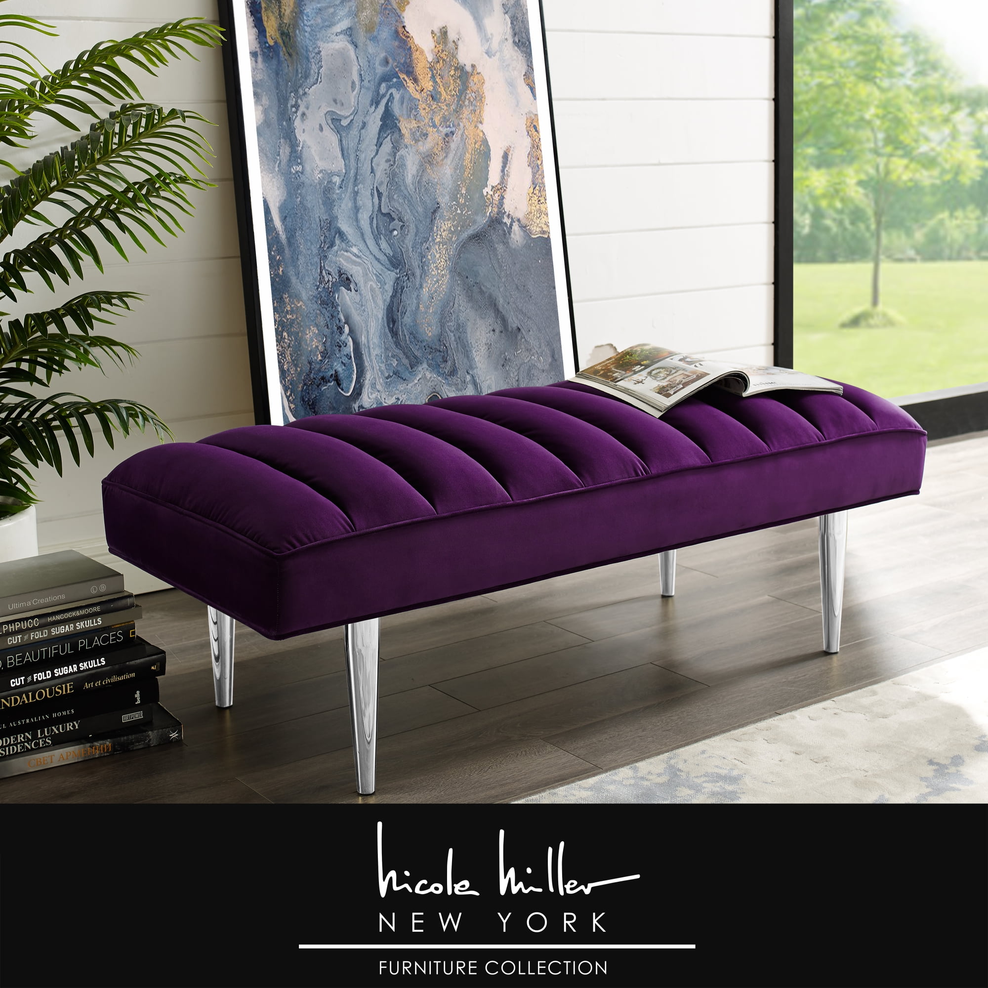 Bodie Purple/Chrome Velvet Bench - Upholstered, Channel Tufted, Tapered Mirrorred Lacquer Finish Stainless Steel Legs