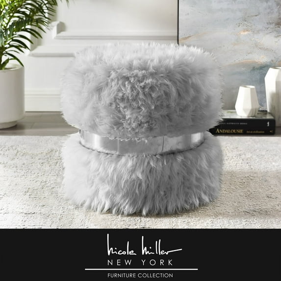 Posh Living Nicole Miller Braydon Faux Fur Fabric Ottoman in Gray/Silver