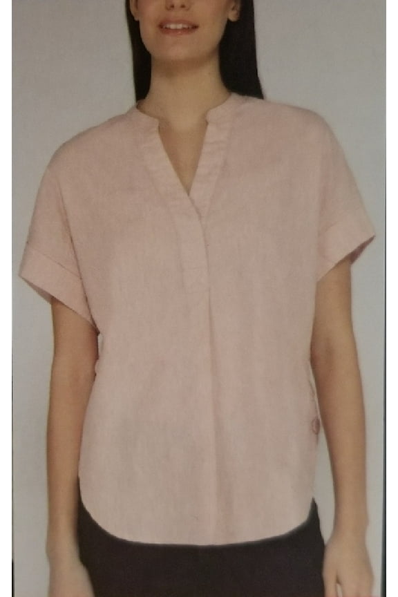 Cap Sleeve V-Neck Linen Blend Women's Top in Pink White or Blue (Large, Pink)