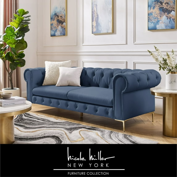Nicole Miller Chesterfield Leather PU Button Tufted 3 Seat Sofa with Gold Leg, Navy