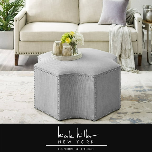 Nicole Miller Cocktail Ottoman Zaid Linen Upholstered Octagon Single Tufted Nailhead Trim Grey/Chrome