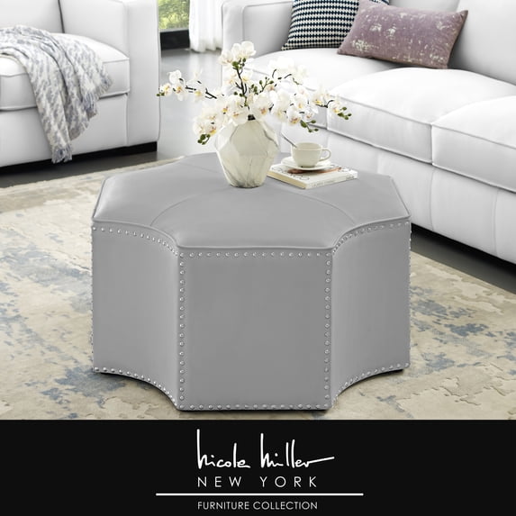 Nicole Miller Cocktail Ottoman Zaid PU Leather Upholstered Octagon Single Tufted Nailhead Trim, Silver/Chrome