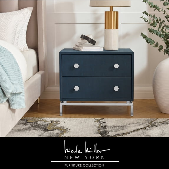 Nicole Miller Daenerys MDF Side Table, 2 Drawers, Navy/Chrome, 23.7L x 16W x 21H