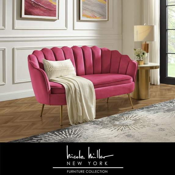 Nicole Miller Eian Velvet Loveseat with Gold Legs, Fuchsia