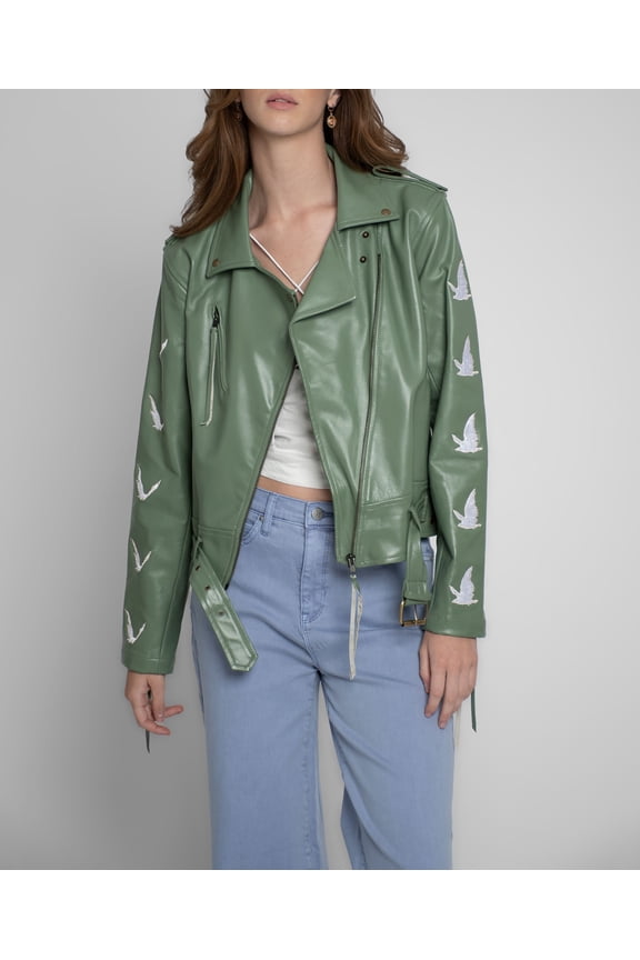 Embroidered Leather Jacket Olive XS