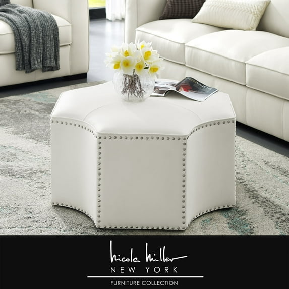Nicole Miller Eudel White PU Leather PU Cocktail Ottoman - Upholstered, Single Tuft, Handmade Nailhead Trim