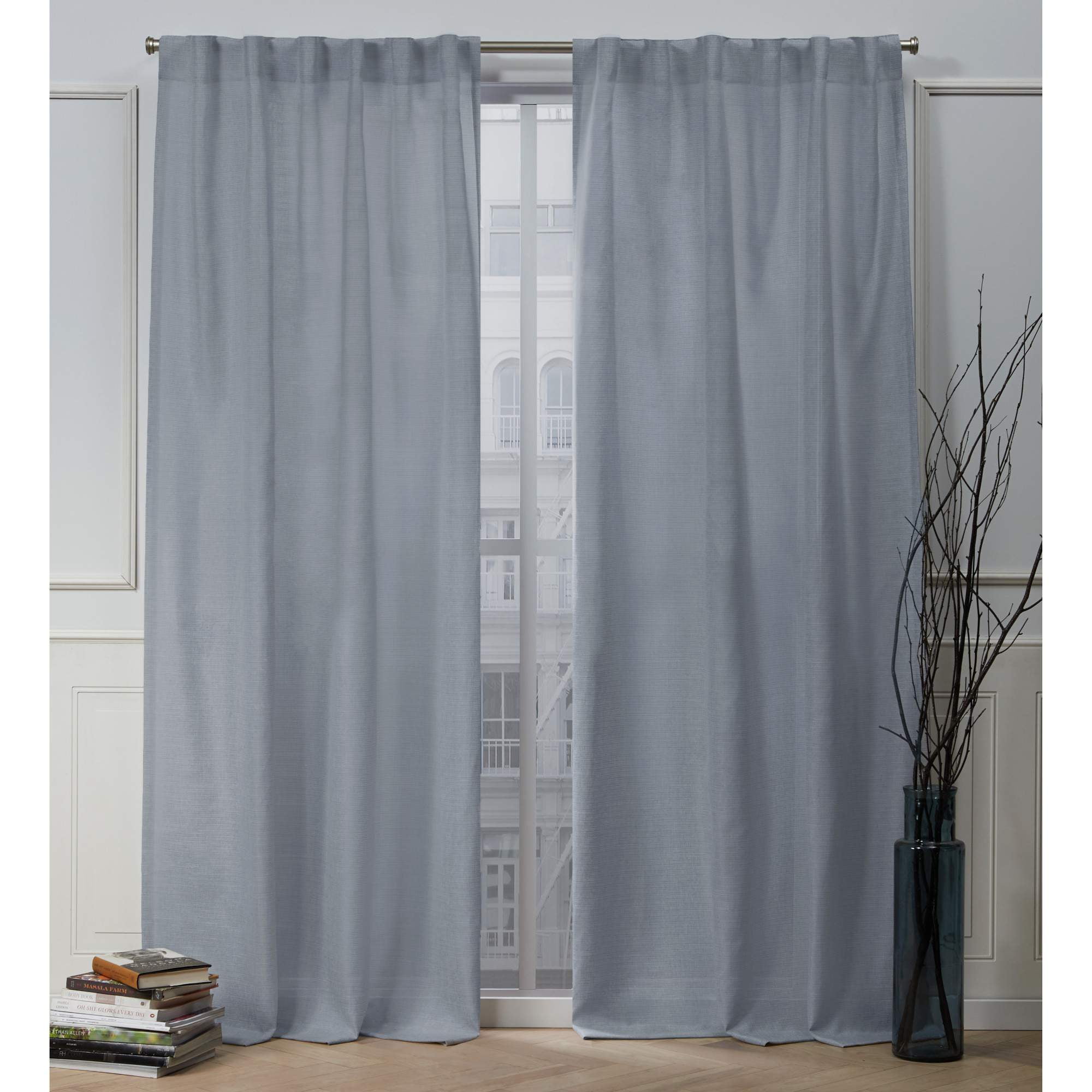 Chambray Blue Light-Filtering Faux Linen Curtain Panels, 54" x 96"