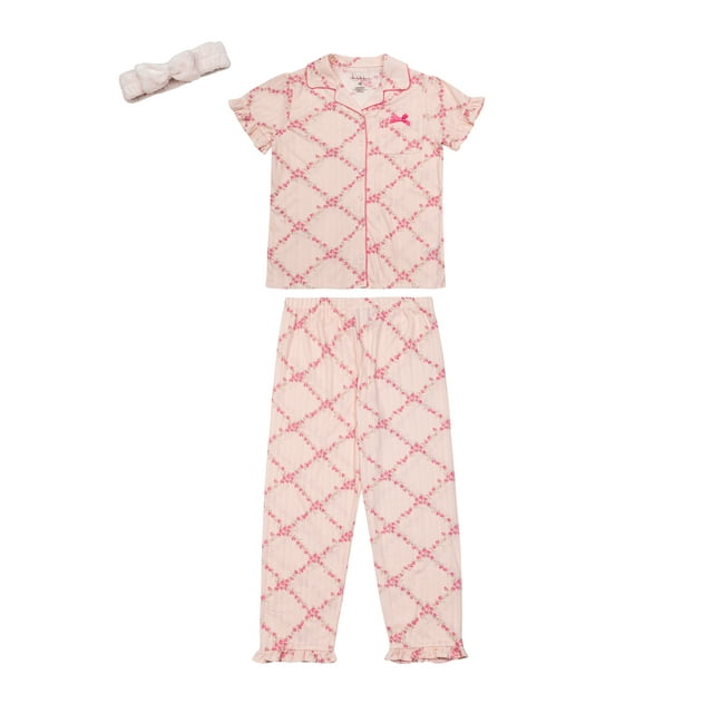 Nicole Miller Girls Pointelle Knit Button Front Shirt and Pant Pajama Set with Spa Headband, 3-Piece, Sizes 4-12