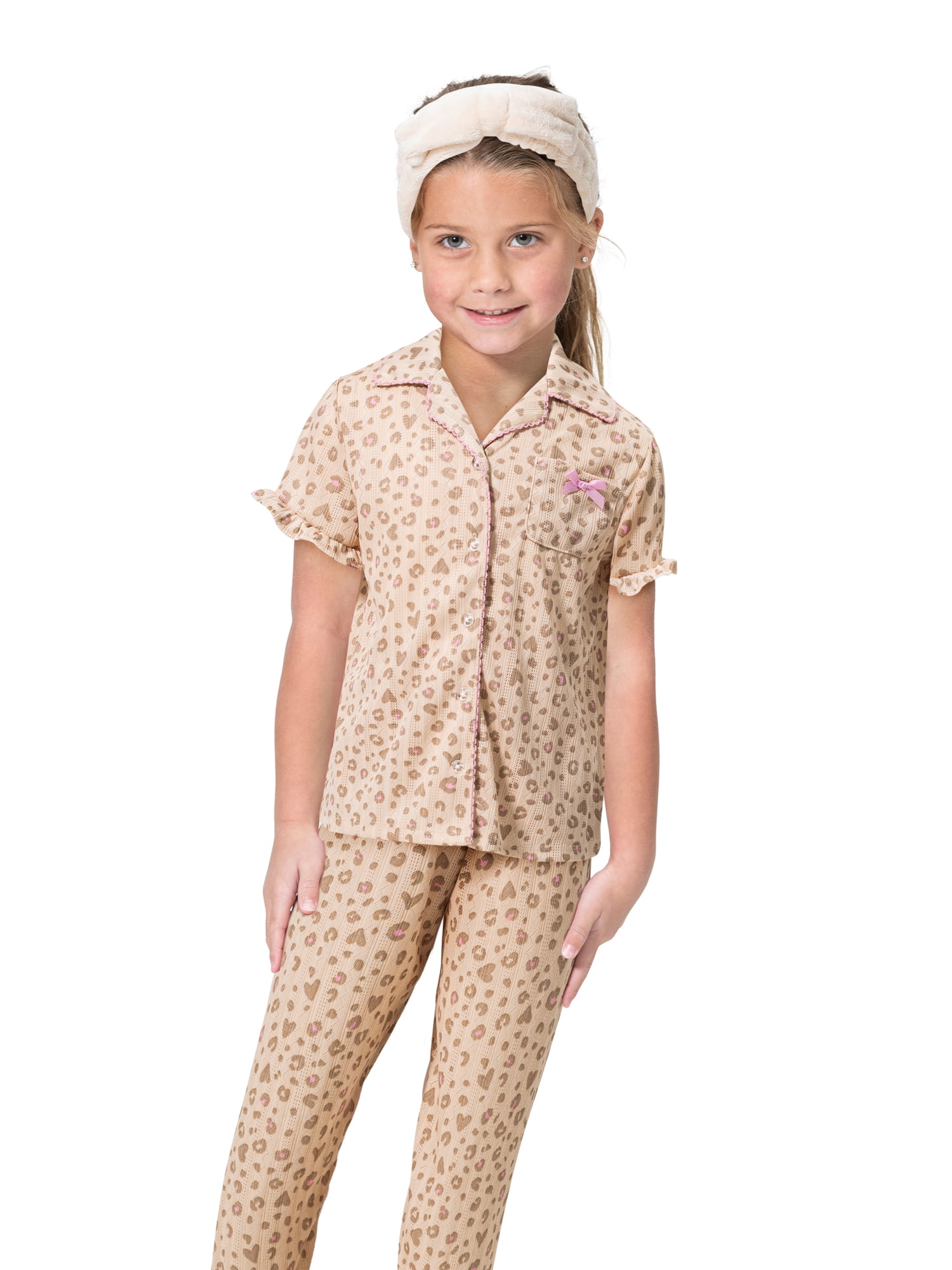 Girls Pointelle Knit Button Front Shirt and Pant Pajama Set with Spa Headband, 3-Piece, Sizes 4-12