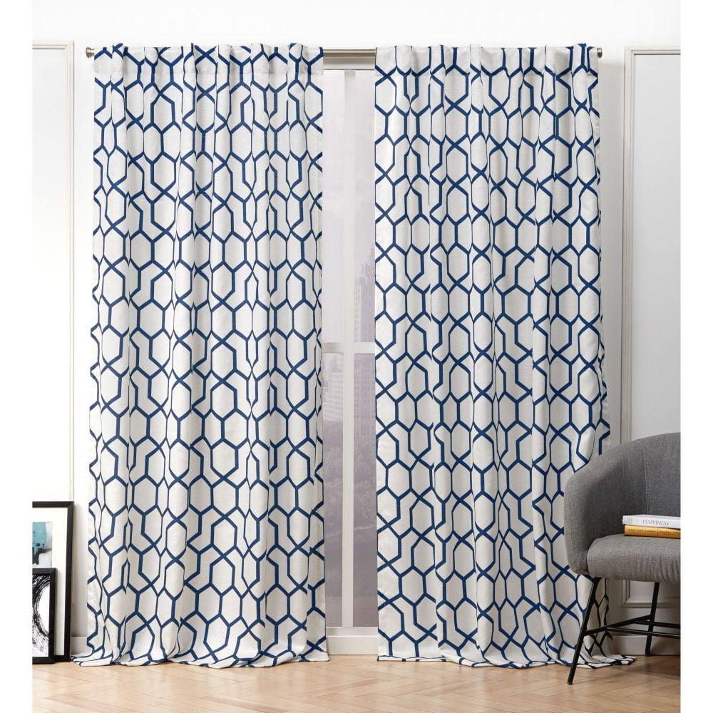 Indigo Blue Geometric Print Linen Blend Rod Pocket Drapes, 54" x 84"