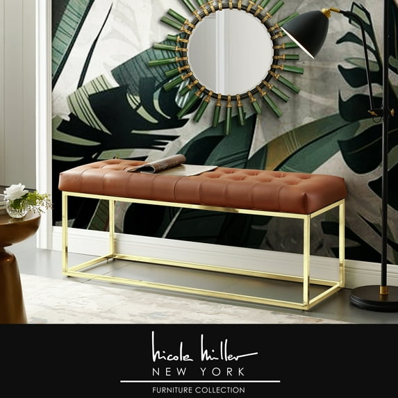 Nicole Miller Jad PU Leather Bench Upholstered Button Tufted Stainless Steel Polished Frame, Camel Brown/Gold