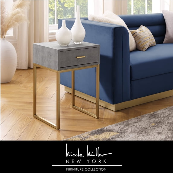 Nicole Miller Jaheim Faux Shagreen End Table with 1 Drawer, Grey/Gold, Sturdy Home Living