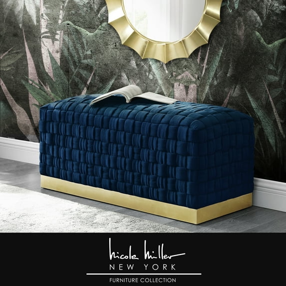 Nicole Miller Janice Velvet Bench Intricate Woven Pattern Gold Stainless Steel Base, Navy/Gold