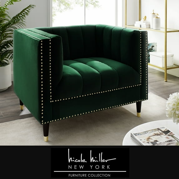 Nicole Miller Janie Velvet Club Chair Channel Tufted Nailhead Trim Metal Leg Tip, Hunter Green/Gold