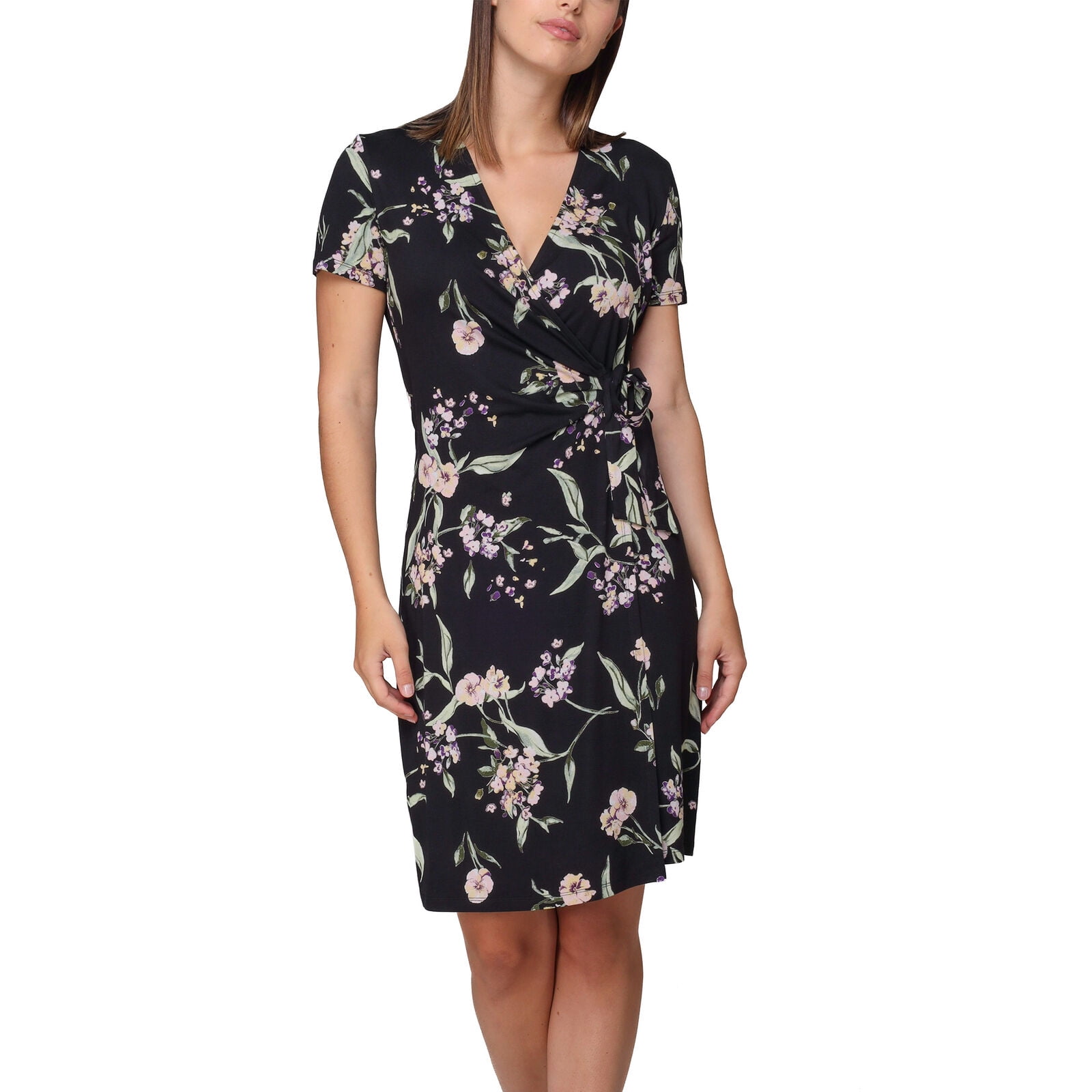 Nicole Miller V-Neck Faux Wrap Women's Large Dress, Black Floral 95% Rayon & 5% Spandex - Walmart.com Nicole Miller V-Neck Faux Wrap Women's Large Dress, Black Floral 95% Rayon & 5% Spandex - Walmart.com
