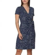 Nicole Miller Ladies Faux Wrap Dress Stretch Spring Casual V-Neck, Blue Medium