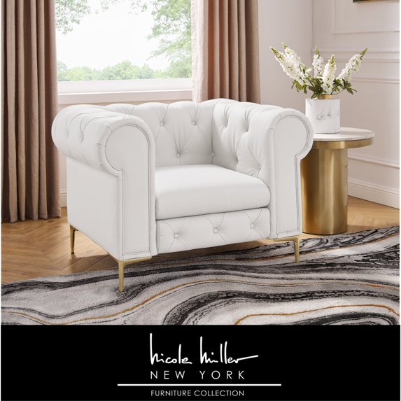 Nicole Miller Melia Sinous Spring Leather Button Tufted Modern Club Chair with Y-Leg for Living Room,White