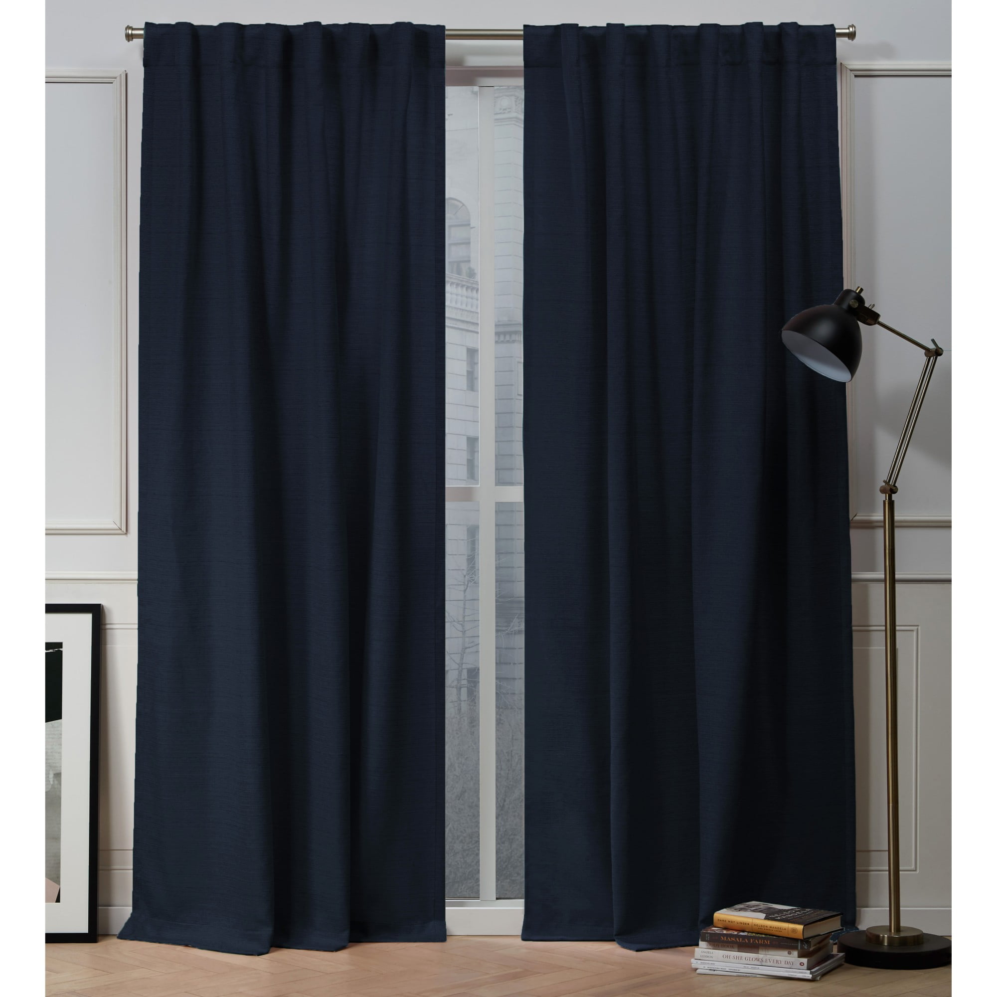 Nicole Miller Mellow Slub Textured Hidden Tab/Rod Pocket Top Light Filtering Curtain Panel Pair, 54"x84", Peacoat Blue