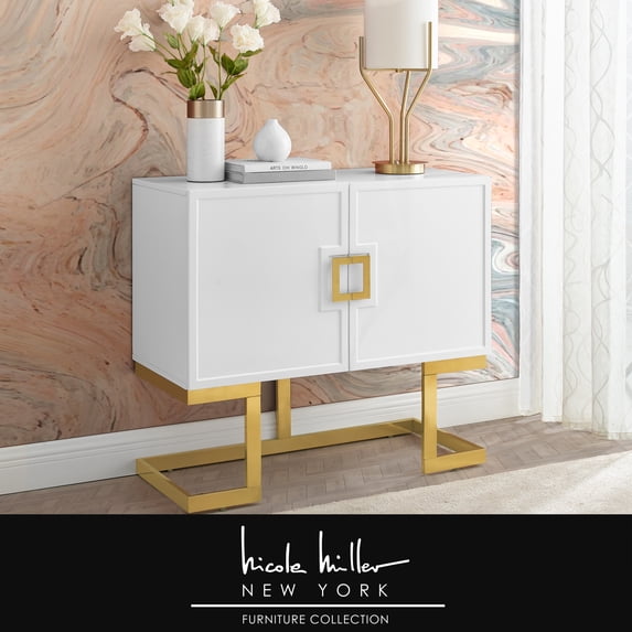 Posh Living Maleia 2-Doors Oak Veneer Wood Accent Chest in White/Gold