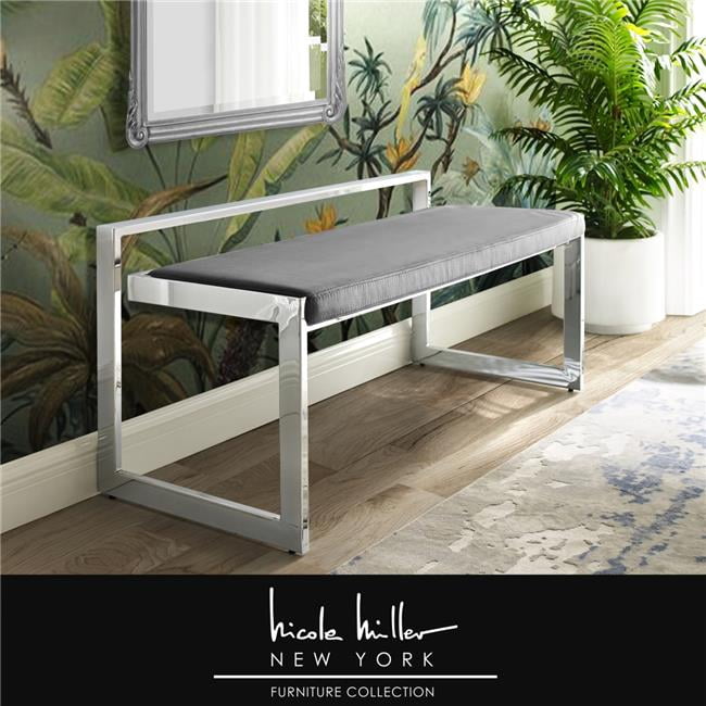 Posh Bench Nicole Miller NBH119-02GR-UE Posh Living Camilo Velvet Bench, Grey ...