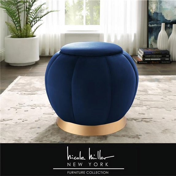 Posh Living Nicole Miller Zara Modern Velvet Ottoman in Navy Blue/Gold