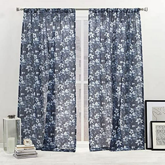 Nicole Miller New York Dara Light Filtering, Semi Sheer Rod Pocket Curtain Panels, 54"x108", Indigo, Set of 2