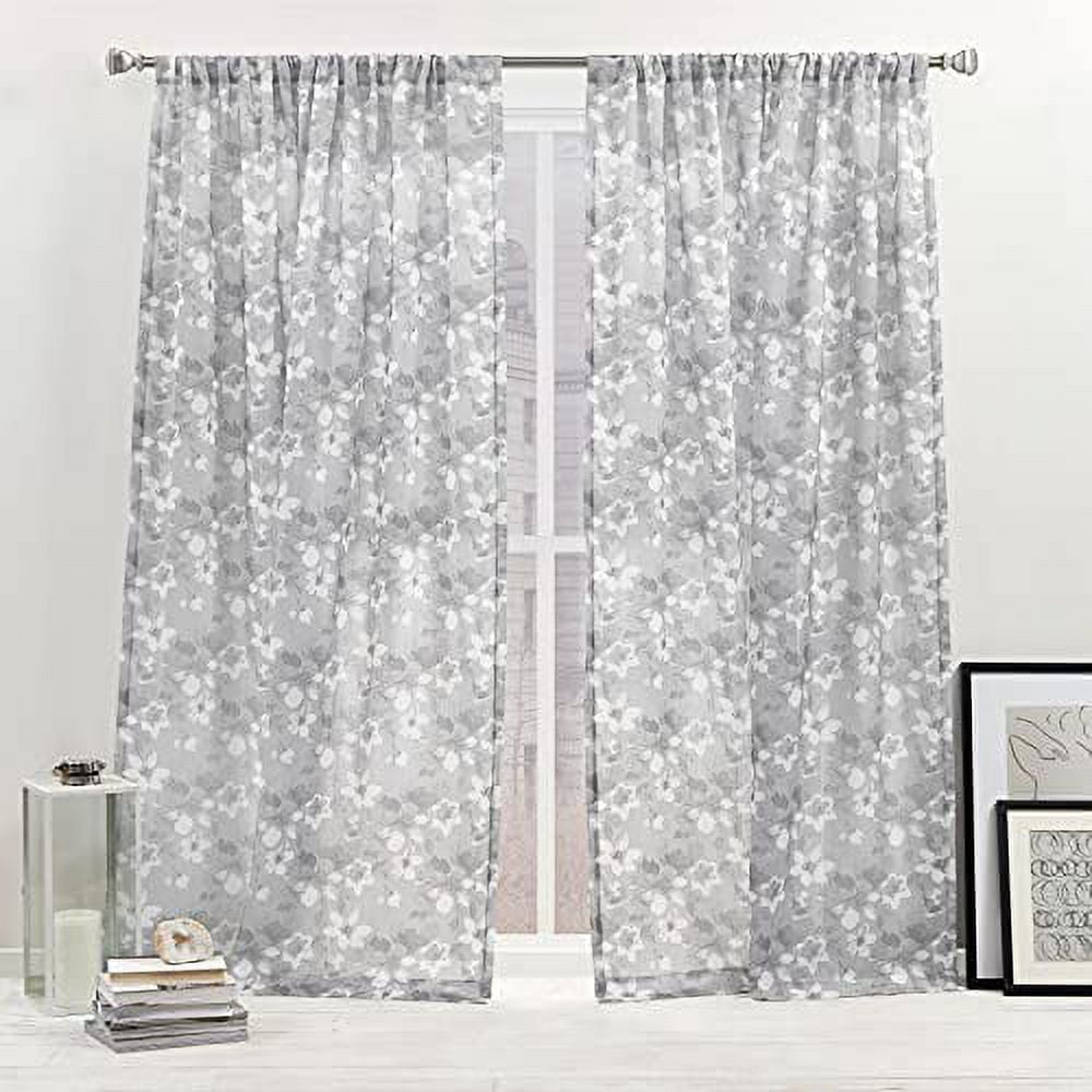 Gray Floral Light Filtering Sheer Rod Pocket Curtain Panels, 54" x 84" Set of 2
