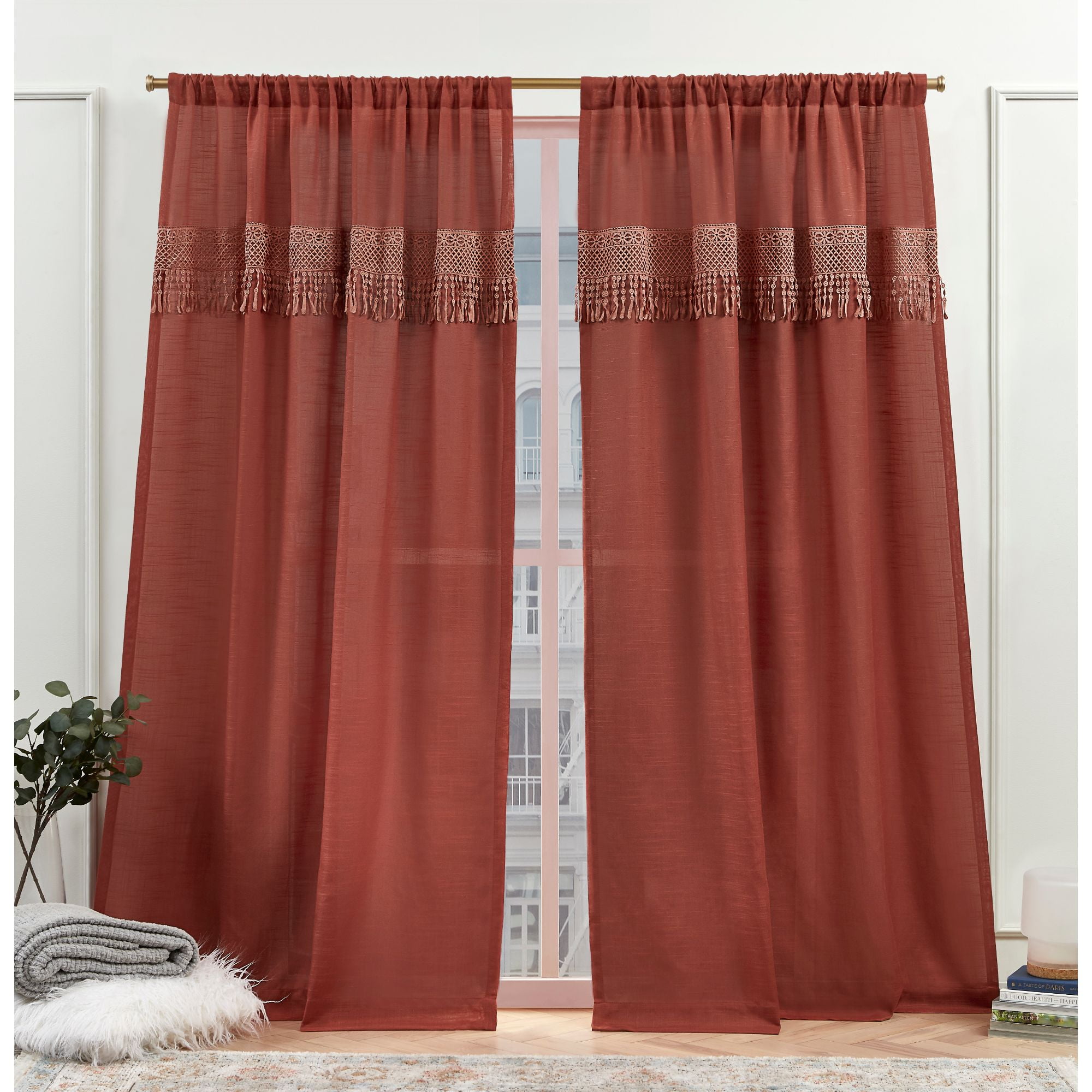Nicole Miller New York Dunbar Light Filtering Rod Pocket Curtain Panels, 50"x 108", Burnt Sienna, Set of 2