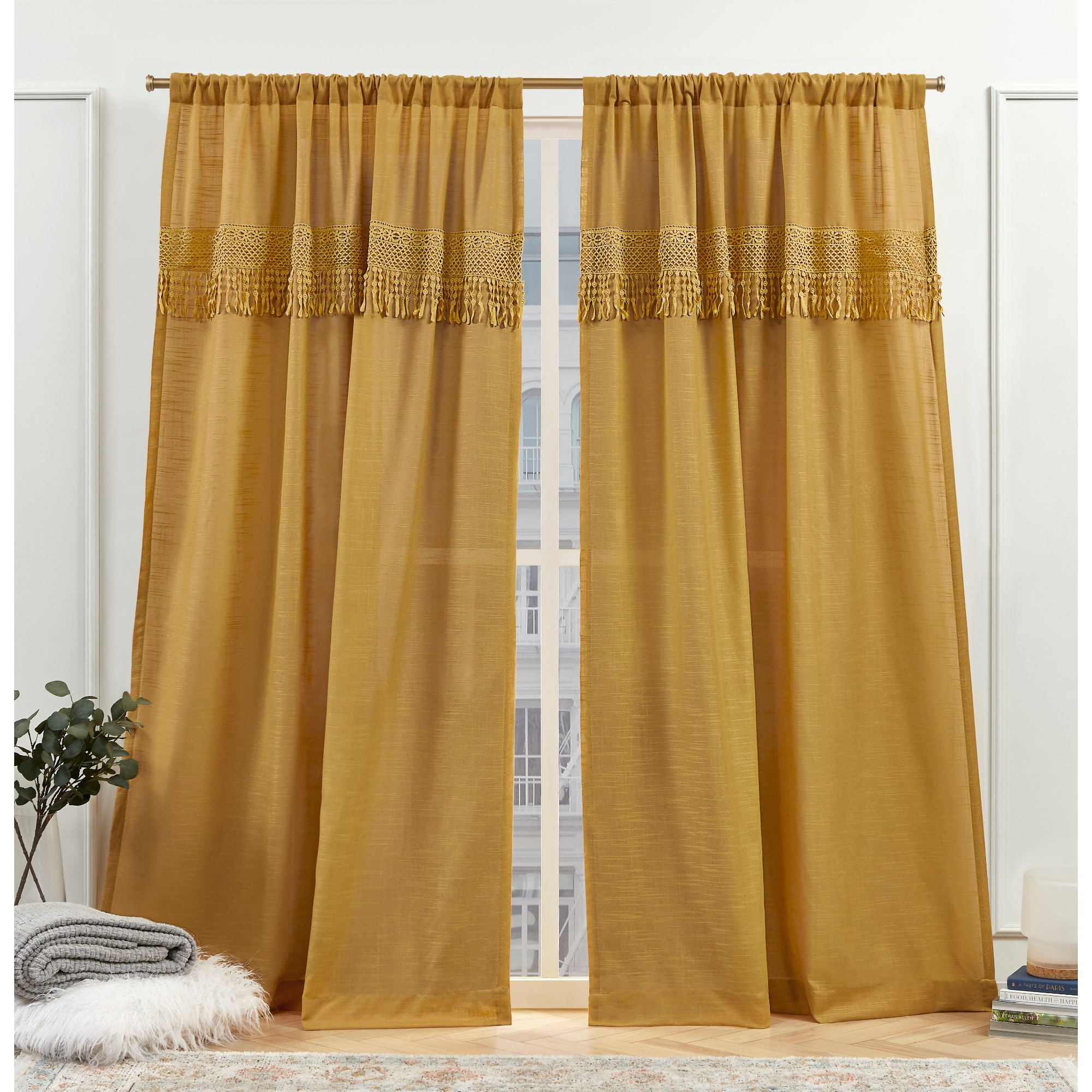 Nicole Miller New York Dunbar Light Filtering Rod Pocket Curtain Panels, 50"x84", Honey Gold, Set of 2