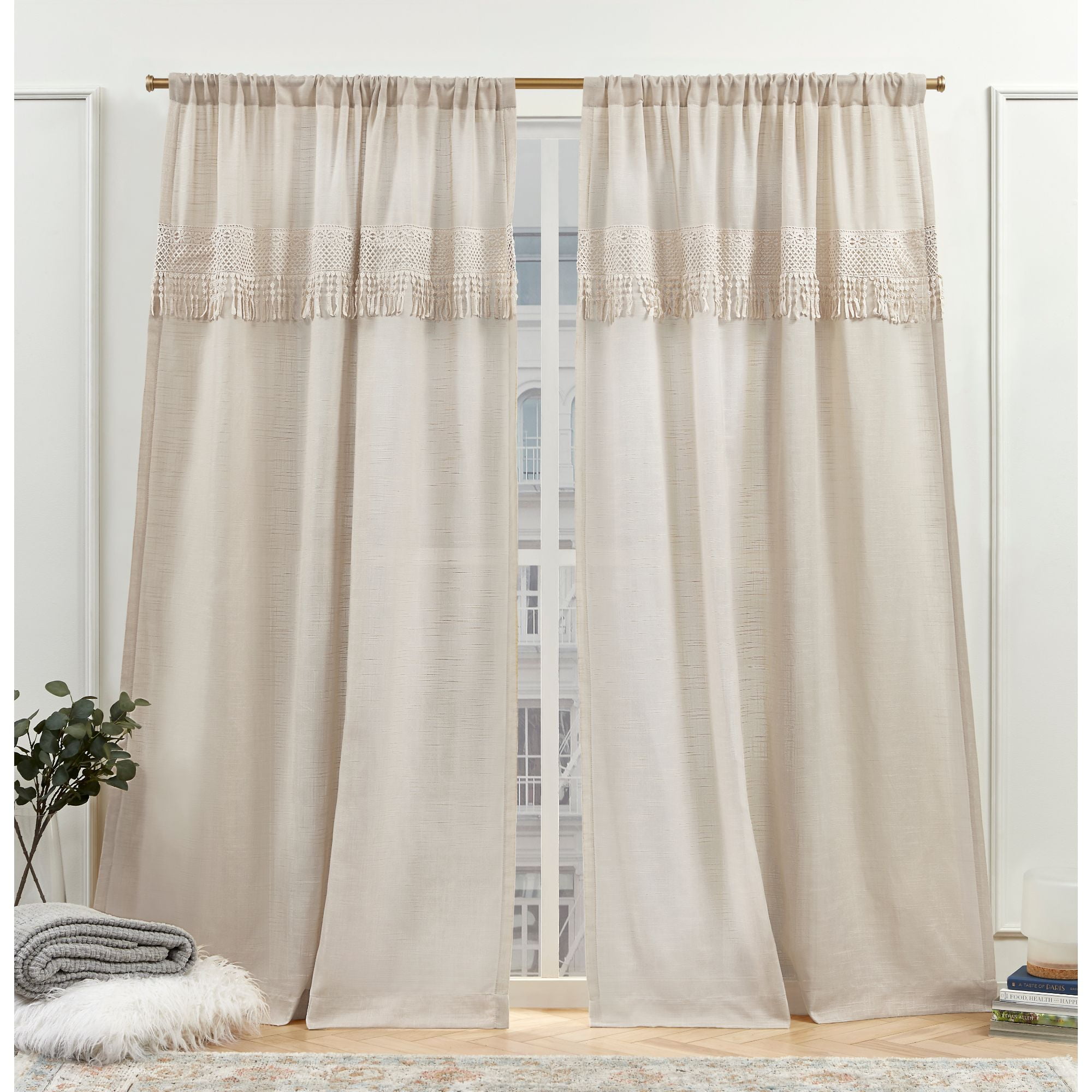 Nicole Miller New York Dunbar Light Filtering Rod Pocket Curtain Panels, 50"x96", Natural, Set of 2
