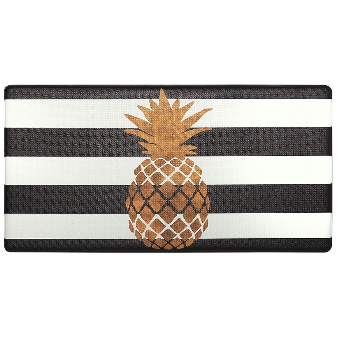 Gold Pineapple Black and White Striped Anti-Fatigue Kitchen Mat