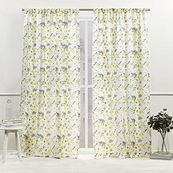 Nicole Miller New York Hattie Light Filtering, Semi Sheer Rod Pocket Curtain Panels, 54"x108", Yellow, Set of 2
