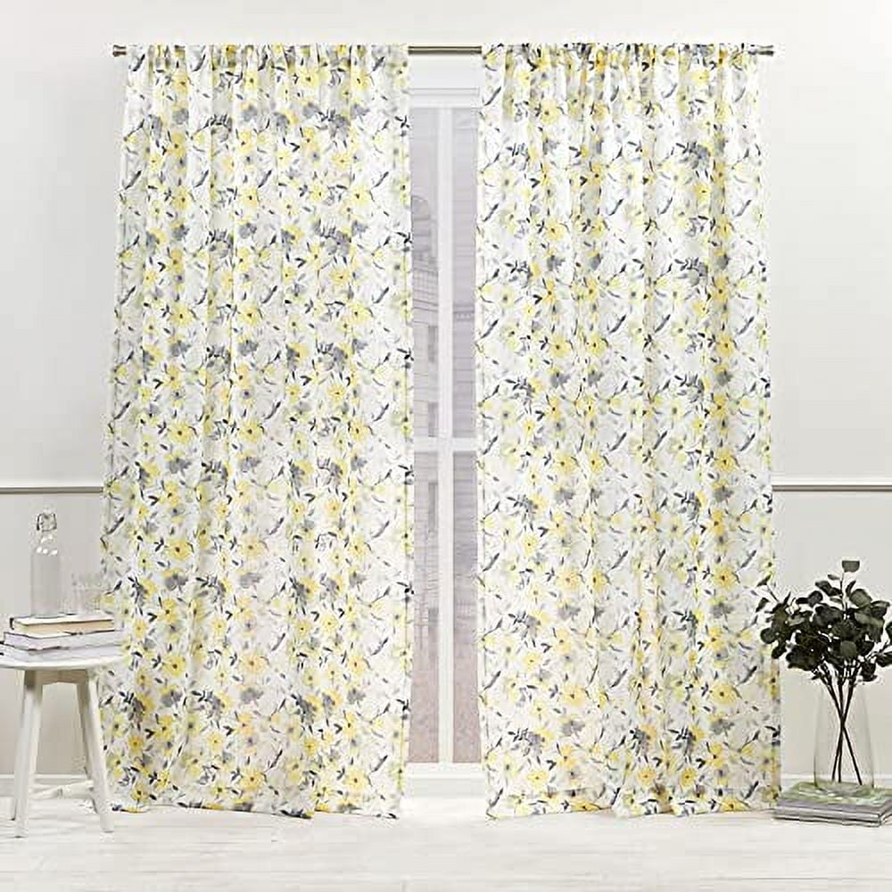 Nicole Miller New York Hattie Light Filtering, Semi Sheer Rod Pocket Curtain Panels, 54"x96", Yellow, Set of 2