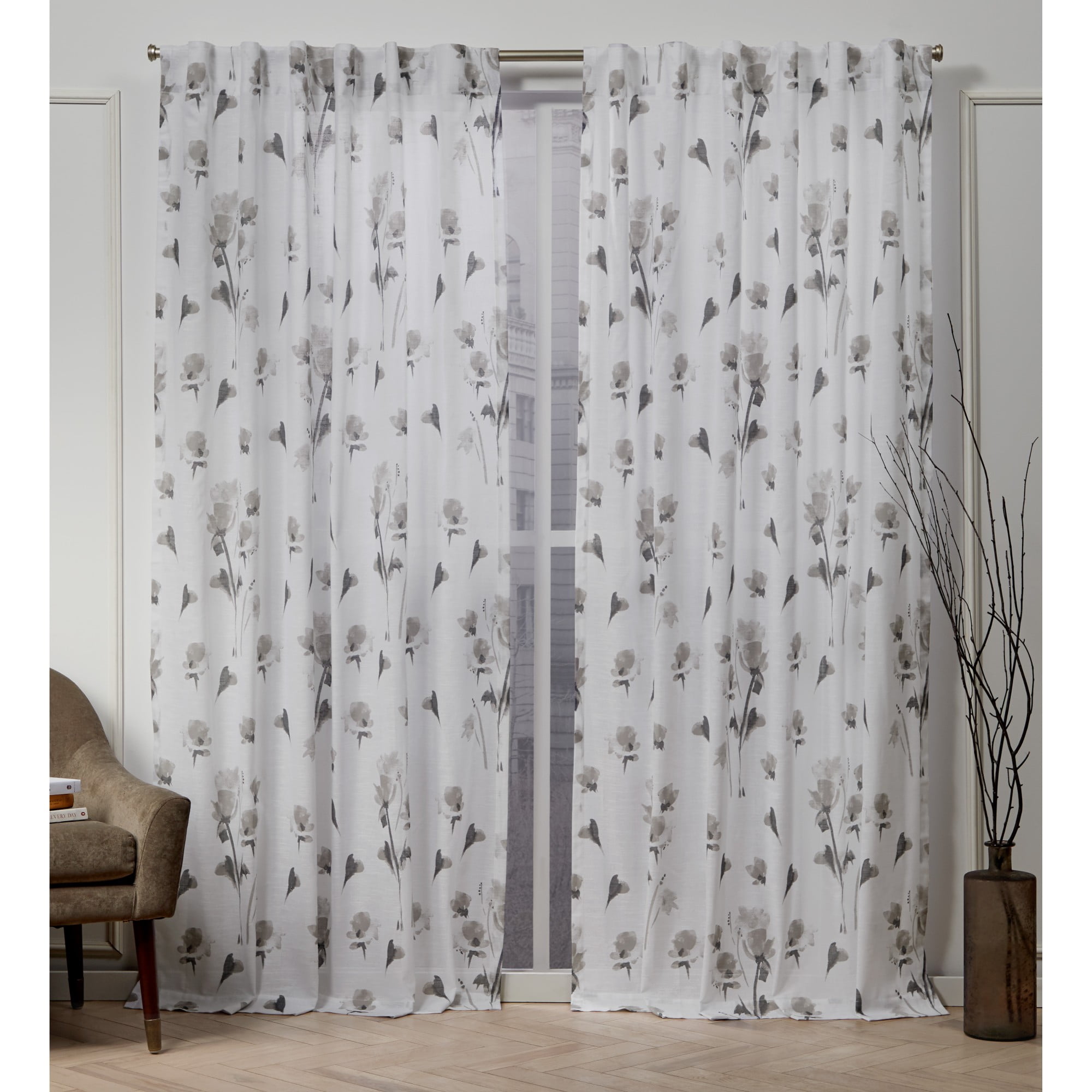 Nicole Miller New York La Petite Fleur Floral Cotton Hidden Tab Top Curtain Panel Pair