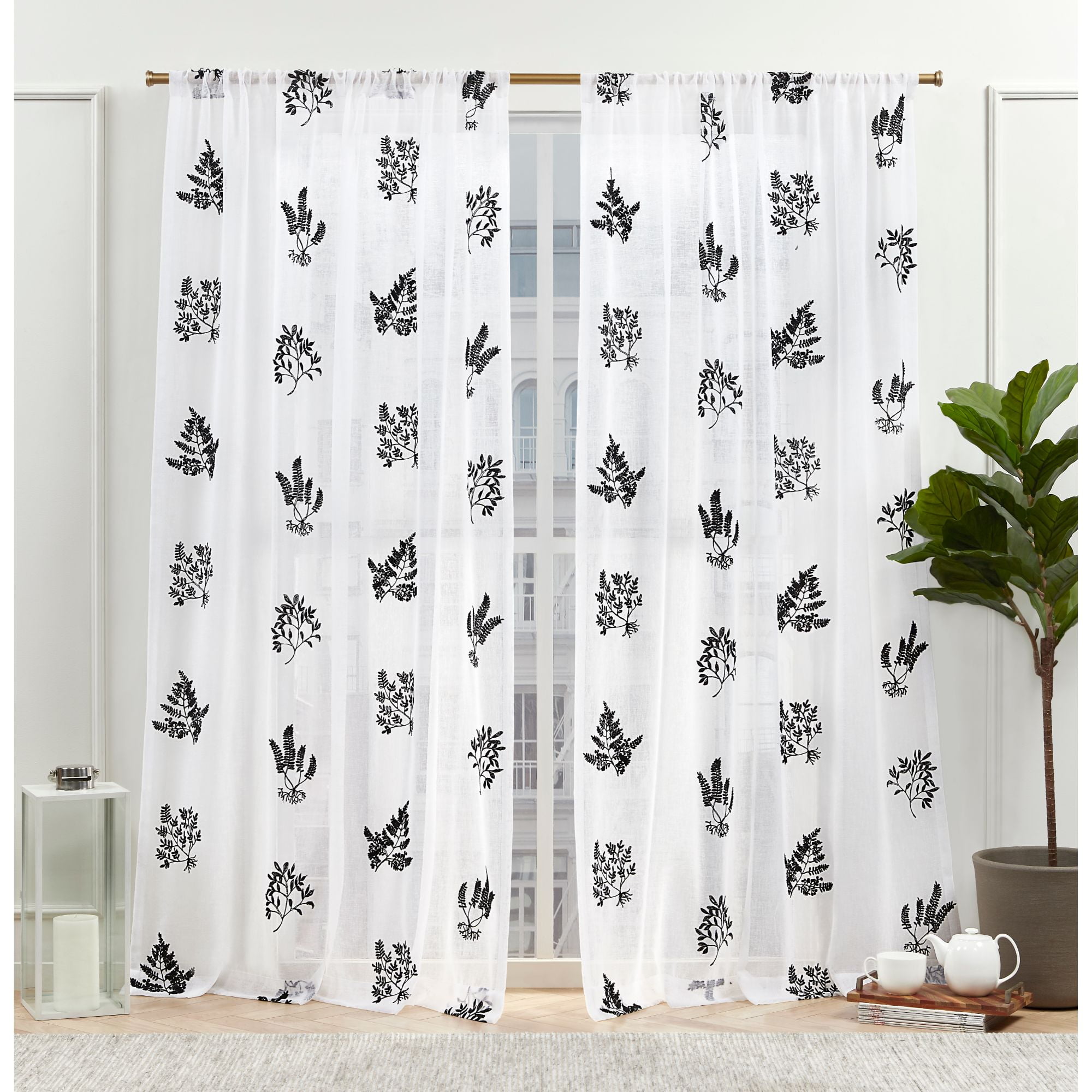 Black Sheer Polyester Rod Pocket Curtain Panels, Set of 2