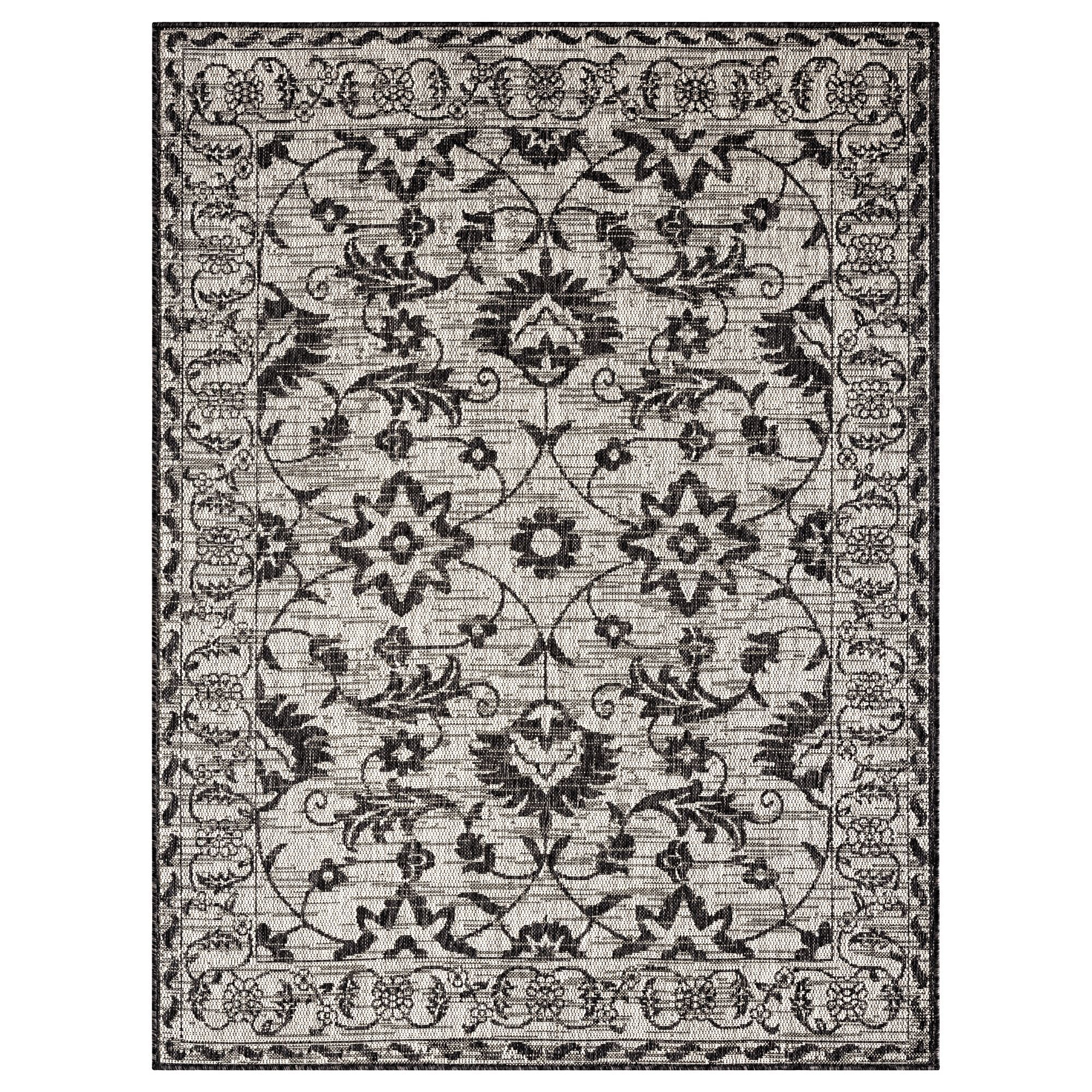 Nicole Miller New York Patio Country Ayala Botanical Floral Indoor/Outdoor Area Rug, Grey/Black, 5'2"x7'2"