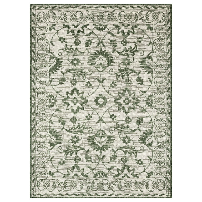 Green and Ivory Floral Indoor Outdoor Area Rug Green and Ivory Floral Indoor Outdoor Area Rug