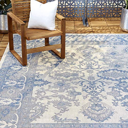 Nicole Miller New York Patio Country Ayana Transitional Border Indoor/Outdoor Area Rug, Grey/Blue, 5'2"x7'2"