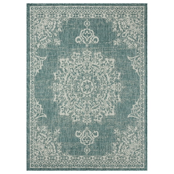 Nicole Miller New York Patio Country Azalea Transitional Medallion Indoor/Outdoor Area Rug, Blue/White, 5'2"x7'2"
