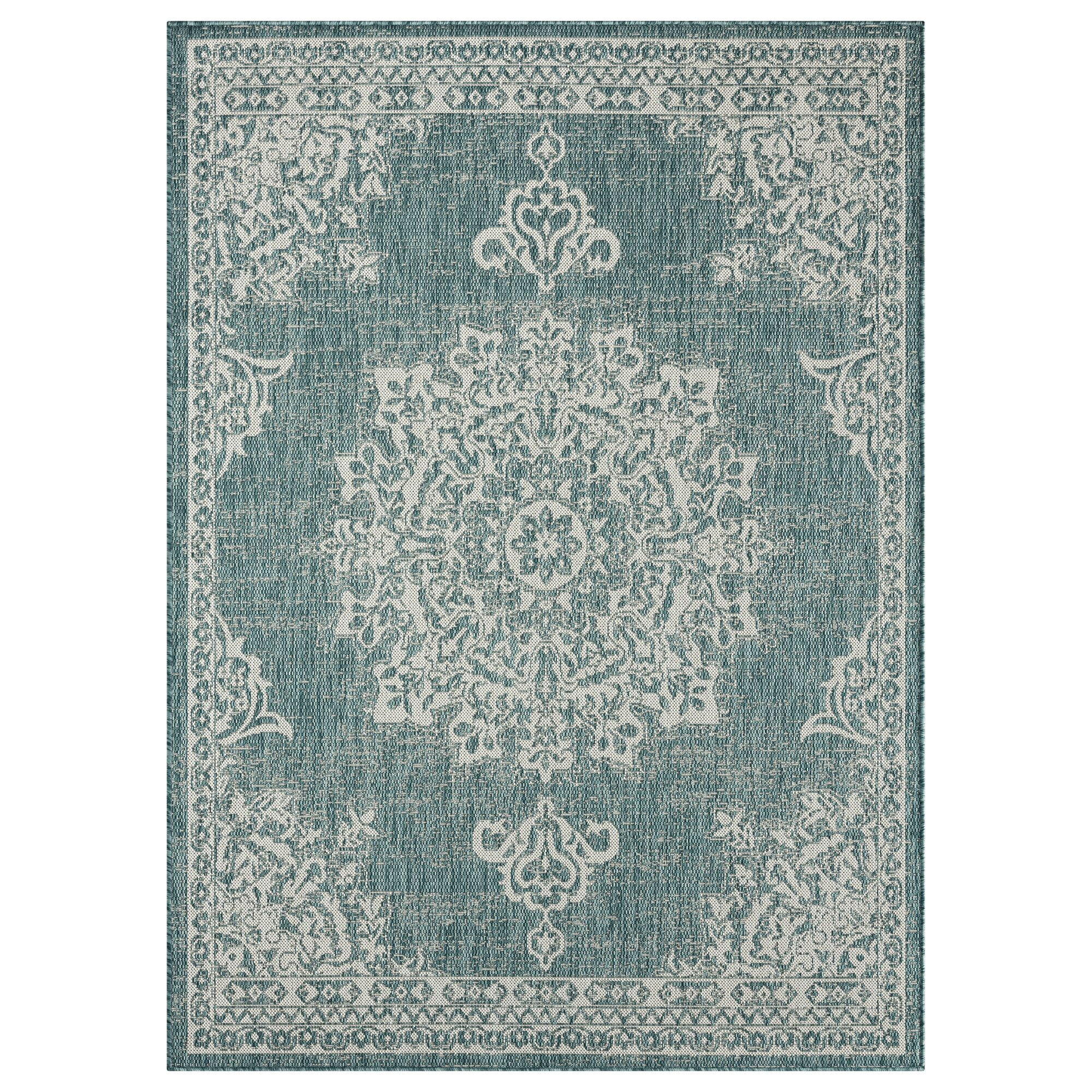 Elegant Blue and White Medallion 8' x 10' Easy-Care Indoor/Outdoor Rug