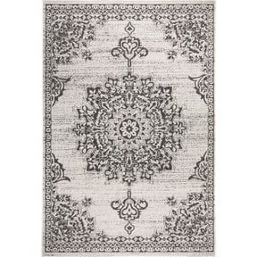Nicole Miller New York Patio Country Azalea Transitional Medallion Indoor/Outdoor Area Rug, Grey/Black, 1'9"x2'11"