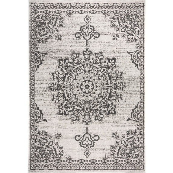 Nicole Miller New York Patio Country Azalea Transitional Medallion Indoor/Outdoor Area Rug, Grey/Black, 1'9"x2'11"