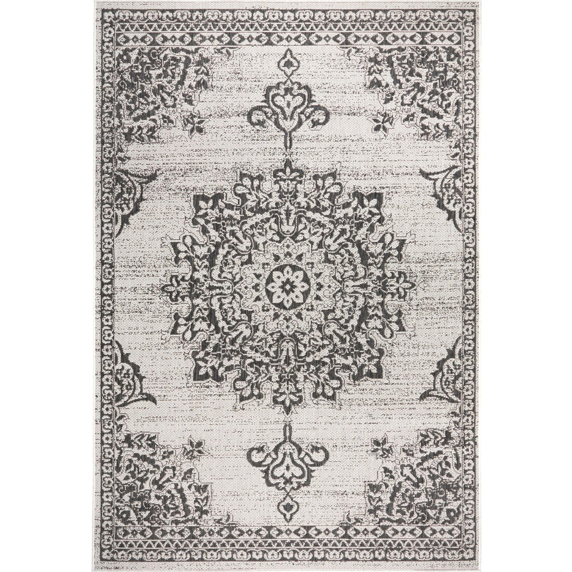 Nicole Miller New York Patio Country Azalea Transitional Medallion Indoor/Outdoor Area Rug, Grey/Black, 9'2"x12'5"