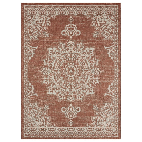 Nicole Miller New York Patio Country Azalea Transitional Medallion Indoor/Outdoor Area Rug, Terracotta/Ivory , 5'2"x7'2"