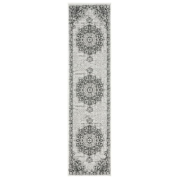 Nicole Miller New York Patio Country Azalea Transitional Medallion Indoor/Outdoor Runner Area Rug, Grey/Black, 1'9"x7'2"
