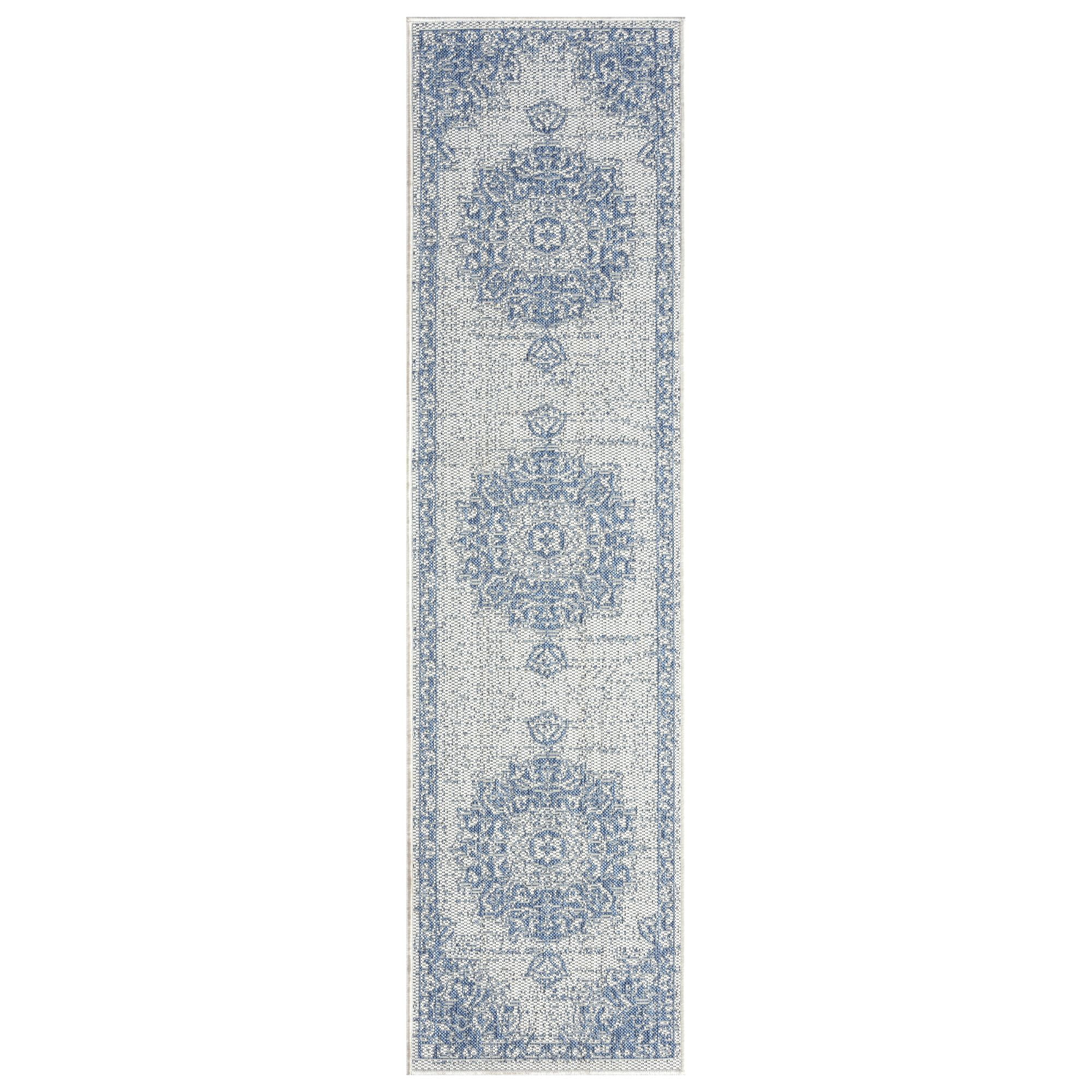 Elegant Medallion Grey/Blue Indoor/Outdoor Synthetic Runner Rug