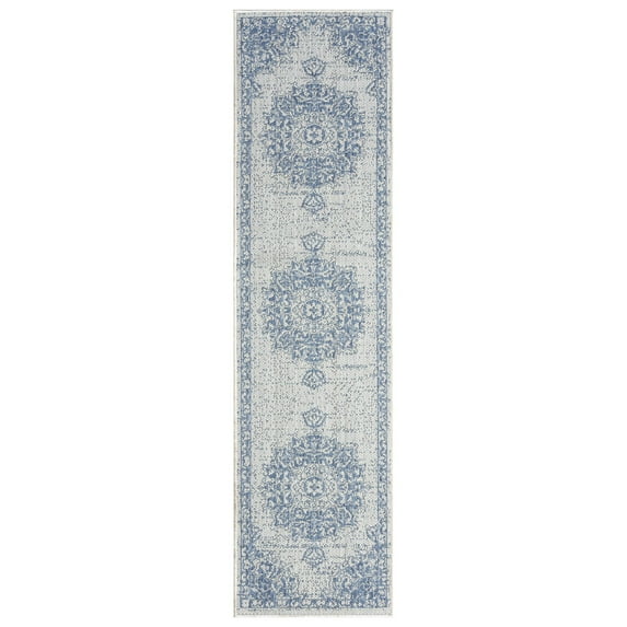 Nicole Miller New York Patio Country Azalea Transitional Medallion Indoor/Outdoor Runner Area Rug, Grey/Blue, 1'9"x7'2"
