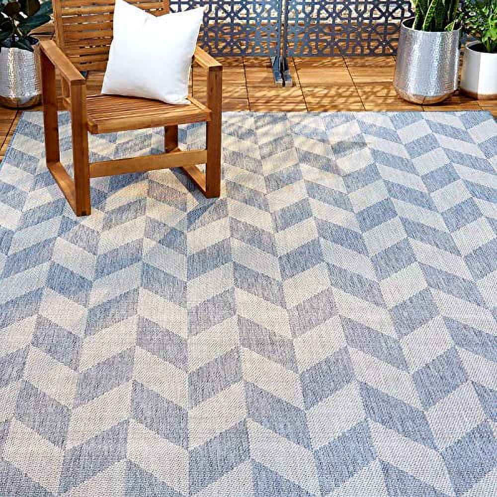 Blue and Grey Herringbone Indoor/Outdoor Rectangular Rug 6' x 9'