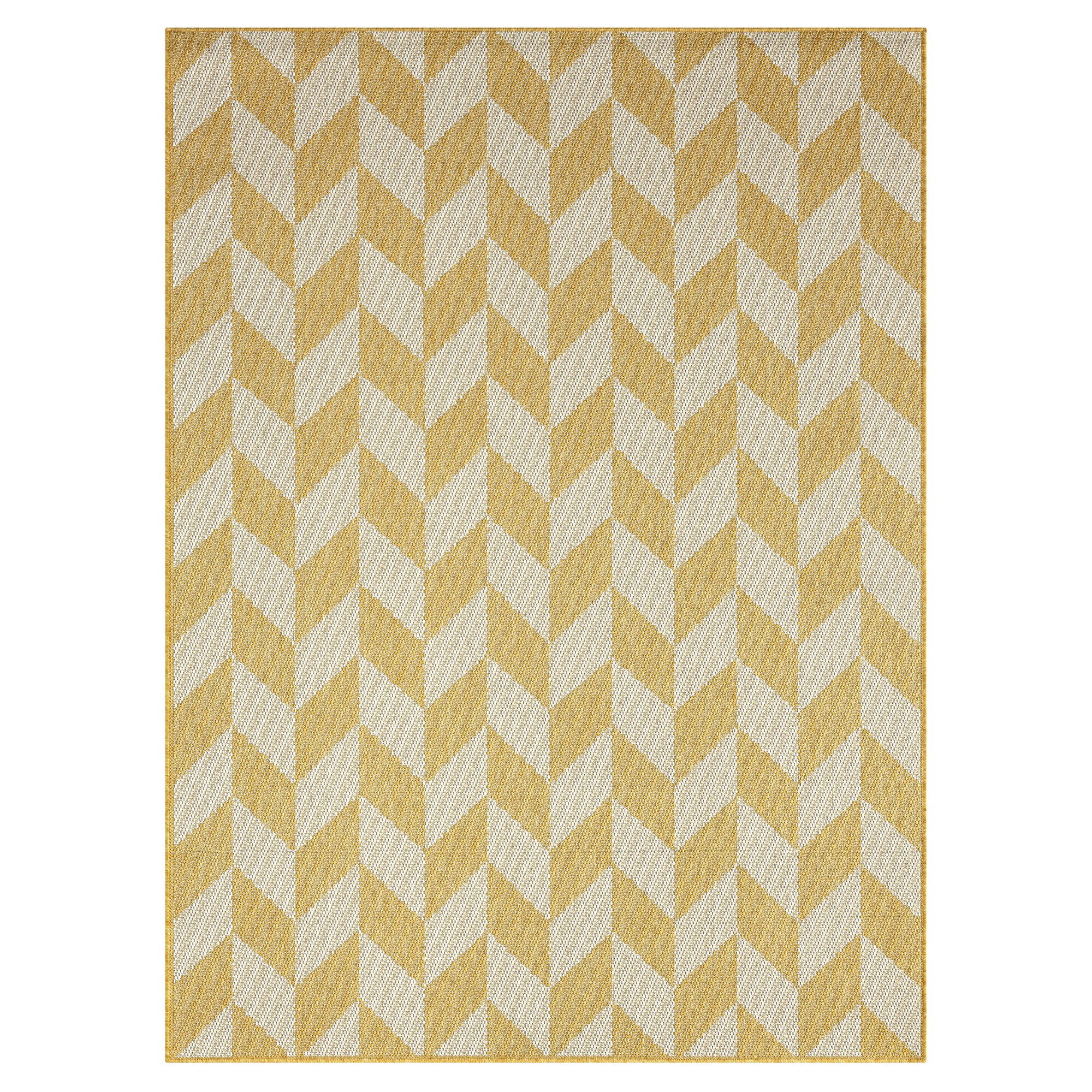 Yellow and Cream Geometric Synthetic Indoor/Outdoor Rug